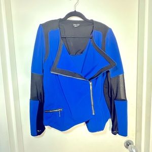Bright blue moto type blazer with sheer panels on sleeves.